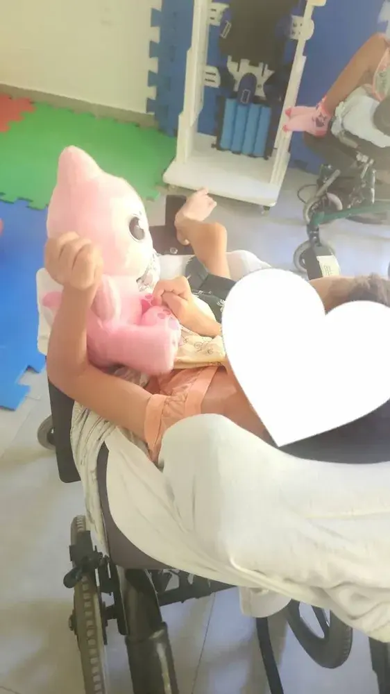 A child at the centre with one of the plush cats