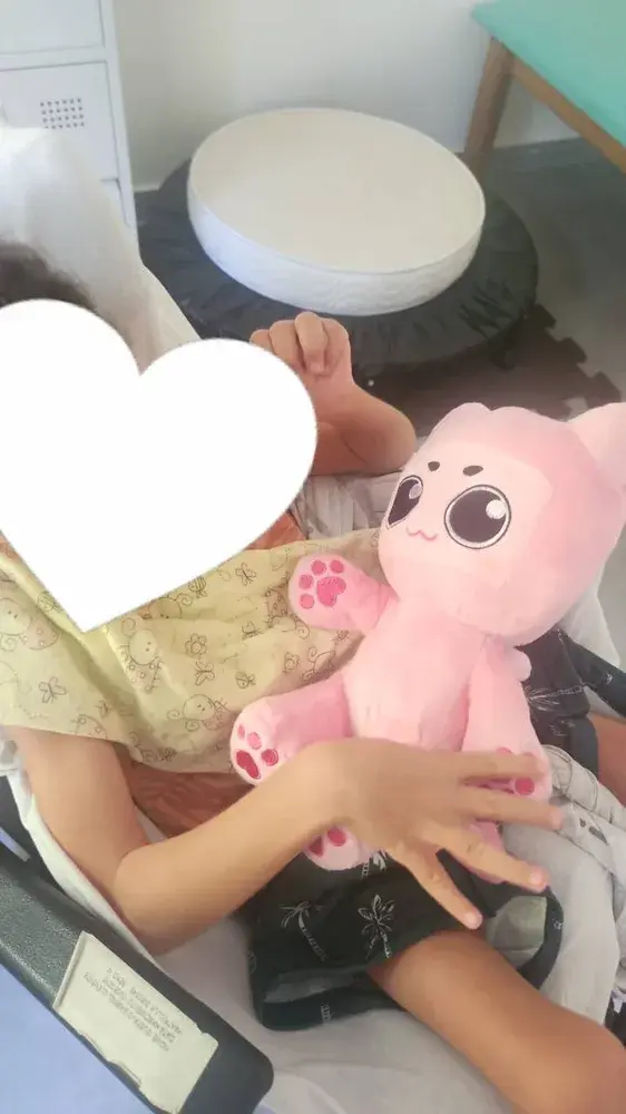 A child at the centre with one of the plush cats